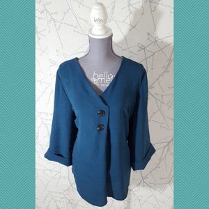 Penningtons Blue Pleated Front V-Neck Blouse w/ 3/4 Sleeves